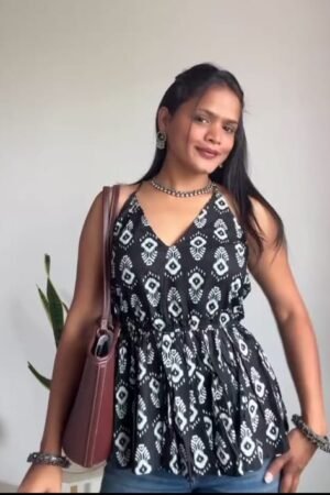 Black & White Ikat Print Peplum Top