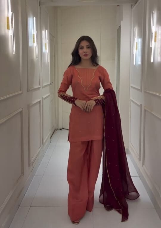 Elegant Peach Suit with Maroon Dupatta