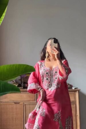 Gorgeous Pink Color Sequence Palazzo Suit