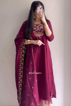Wine Maroon Embroidered Kurta Set