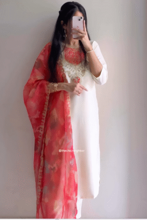 Elegant Ivory Straight Kurta Set with Red Embroidered Dupatta