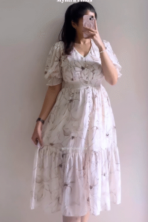 Elegant Ivory Floral Print Midi Dress for Women