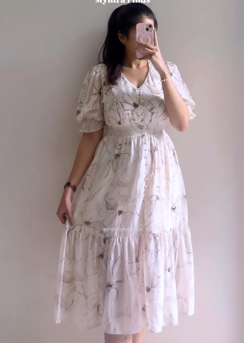 Elegant Ivory Floral Print Midi Dress for Women