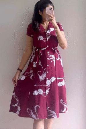 Maroon Floral Button-Down Midi Dress for Women