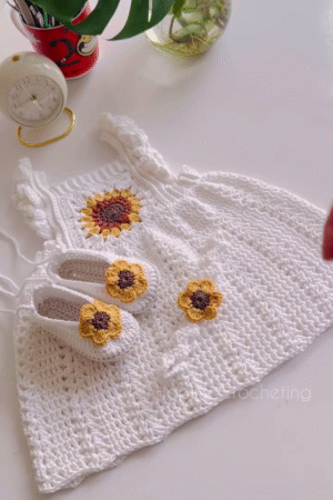 Handcrafted Crochet Baby Girl Dress with Sunflower Motif & Matching Booties