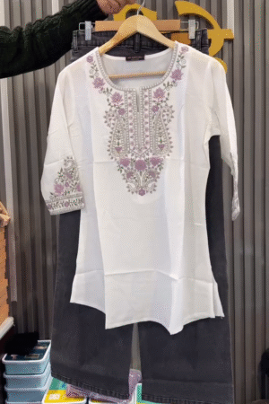 Elegant White Embroidered Kurti Top with Lilac Floral Motifs