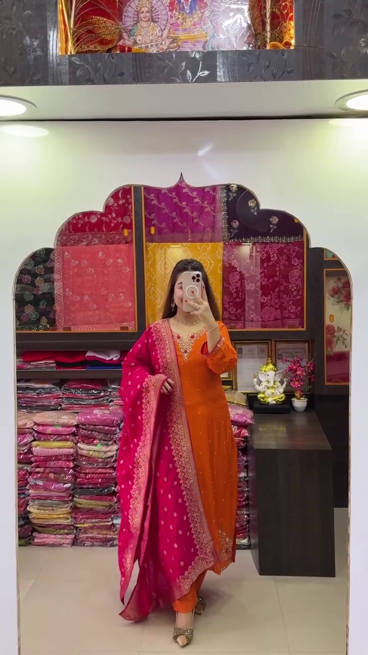 Orange and Pink Embroidered Kurta Set