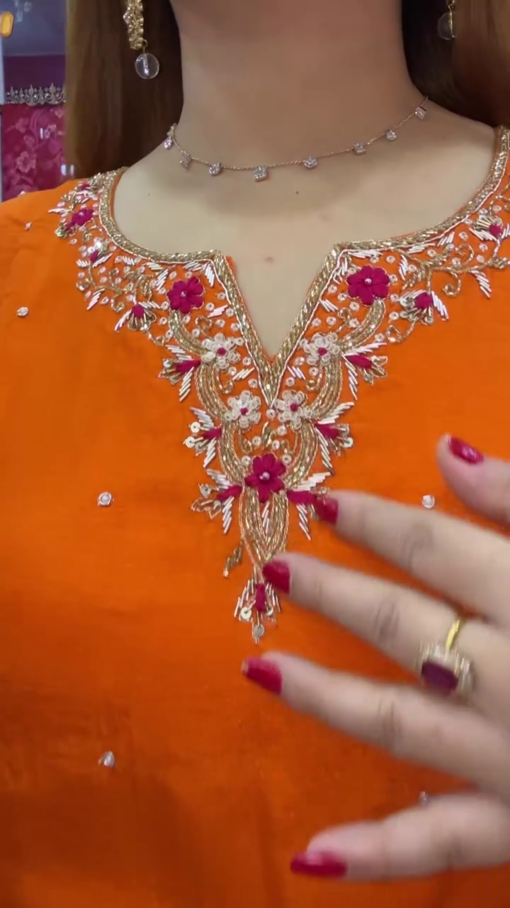 Orange and Pink Embroidered Kurta Set - Image 2