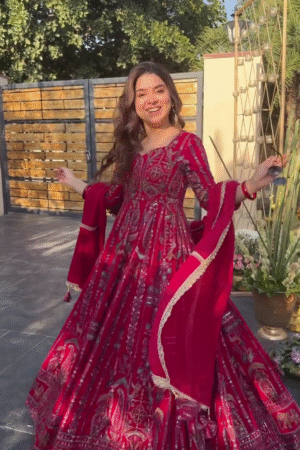 Crimson Red Heavy Printed Anarkali Suit Set