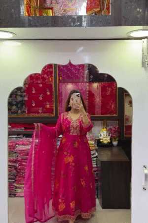 Rani Pink Floral Printed Anarkali Kurta Set with Embroidered Neckline & Dupatta