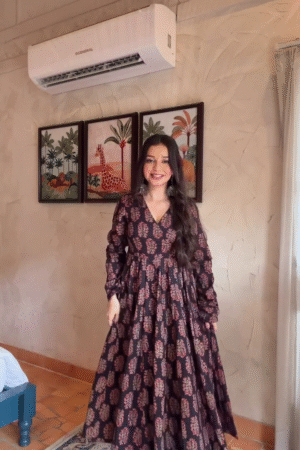 Elegant Black & Rust Floral Printed Maxi Dress