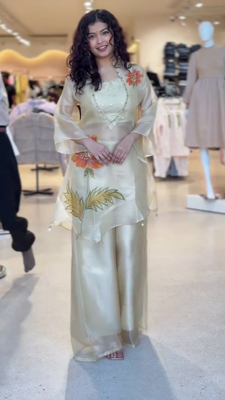 Ivory Floral Embroidered Kurta Palazzo Set