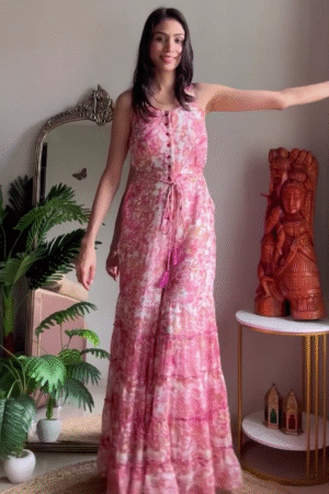 Blush Pink Floral Printed Sleeveless Maxi Dress for Women