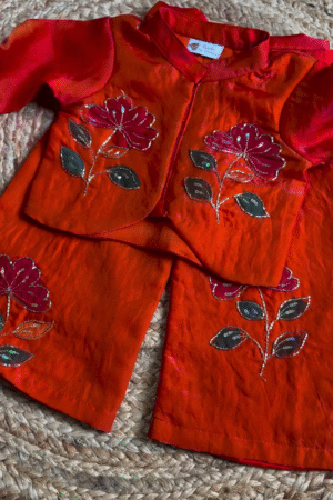 Handcrafted Orange Floral Embroidered Kids Kurta Pajama Set