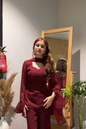 Elegant Burgundy Georgette Co-Ord Set with Sheer Dupatta – Festive & Party Wear Outfit