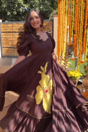 Women’s Chocolate Brown Flared Anarkali Dress with Hand-Painted Yellow Floral Motif