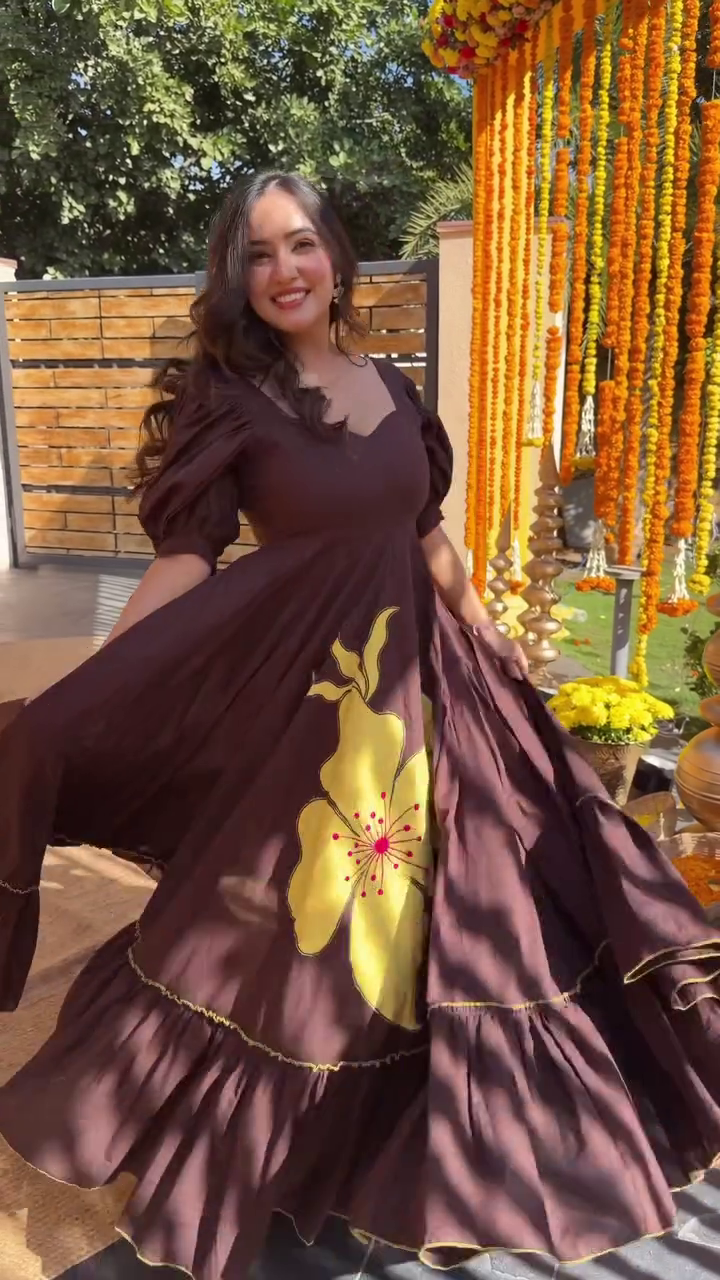 Women’s Chocolate Brown Flared Anarkali Dress with Hand-Painted Yellow Floral Motif