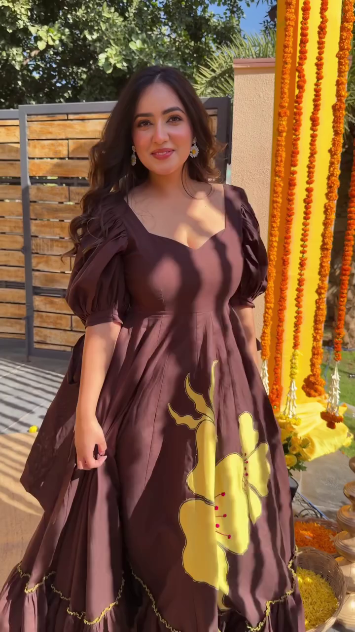 Women’s Chocolate Brown Flared Anarkali Dress with Hand-Painted Yellow Floral Motif - Image 2
