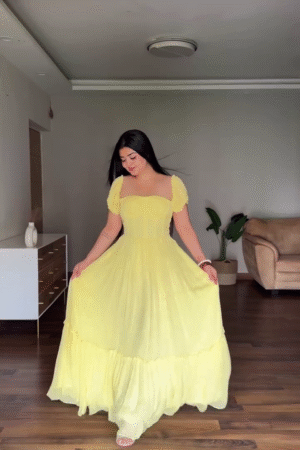 Yellow Puff Sleeve Maxi Dress with Corset Bodice