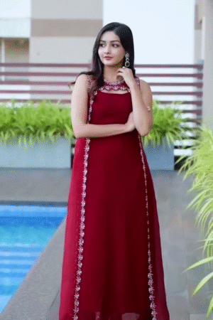 Wine Red Sleeveless Embellished Maxi Gown