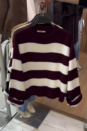Women’s Burgundy & White Striped Crop Sweater – Casual Knit Pullover Top for Women