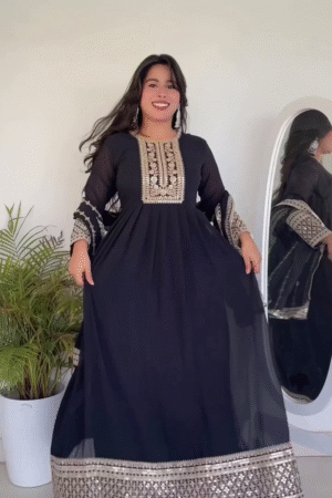 Black Embroidered Anarkali Suit for Women – Elegant Ethnic Party Wear Dress with Dupatta