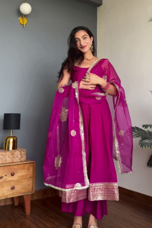 Magenta Pink Anarkali Kurti Set with Embroidered Dupatta – Festive Ethnic Wear for Women