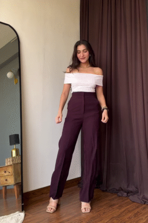 Wine Purple High-Waist Straight Fit Pants for Women – Elegant Party & Casual Wear Trousers