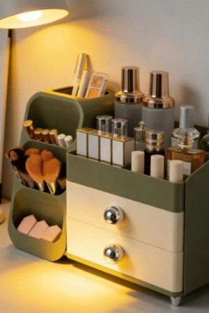 Olive Green Makeup Organizer with Drawers and Compartments