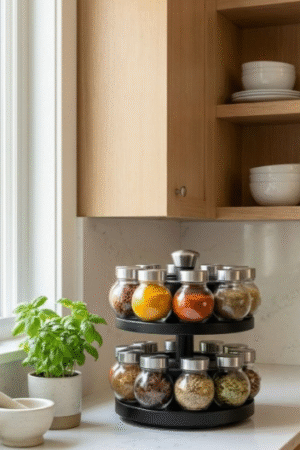 Black & Wood Two-Tier Rotating Spice Rack Carousel