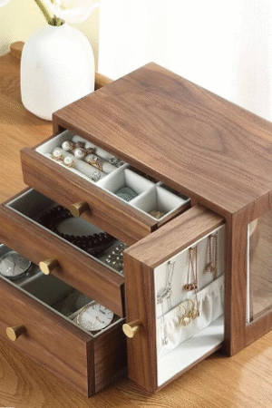 Walnut Wood Jewelry Box with Sliding Door and Drawers
