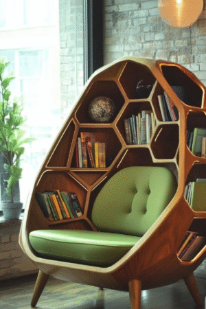 Hexagonal Honeycomb Wooden Pod Reading Chair with Bookshelves