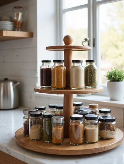 Two-Tier Wooden Lazy Susan Spice Jar Organizer