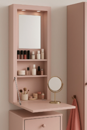 Pink Wall-Mounted Fold-Down Vanity Mirror Cabinet