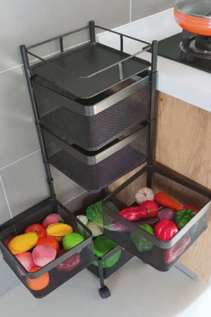 Black Mesh 4-Tier Rolling Kitchen Vegetable Storage Cart