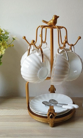 Gold Bird Teacup and Saucer Stand with Tray