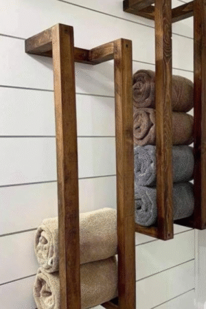 rustic wooden wall-mounted towel organizer