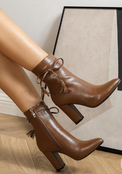 Tan Lace-Up Tassel Heel Ankle Boots