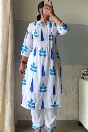 Women’s Blue Cotton Kurta Set with Embroidered Details and Straight Pants