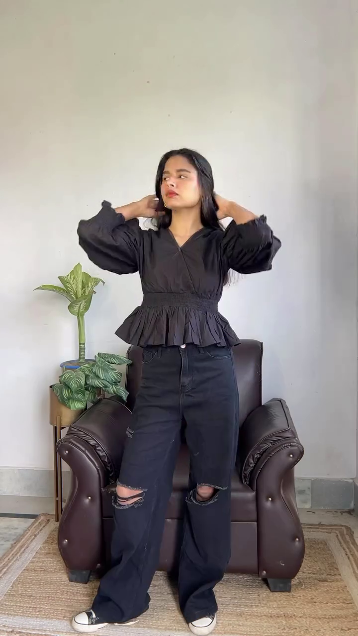 Women’s White Peplum Top with Blue Wide-Leg Jeans – Casual Chic Outfit - Image 2