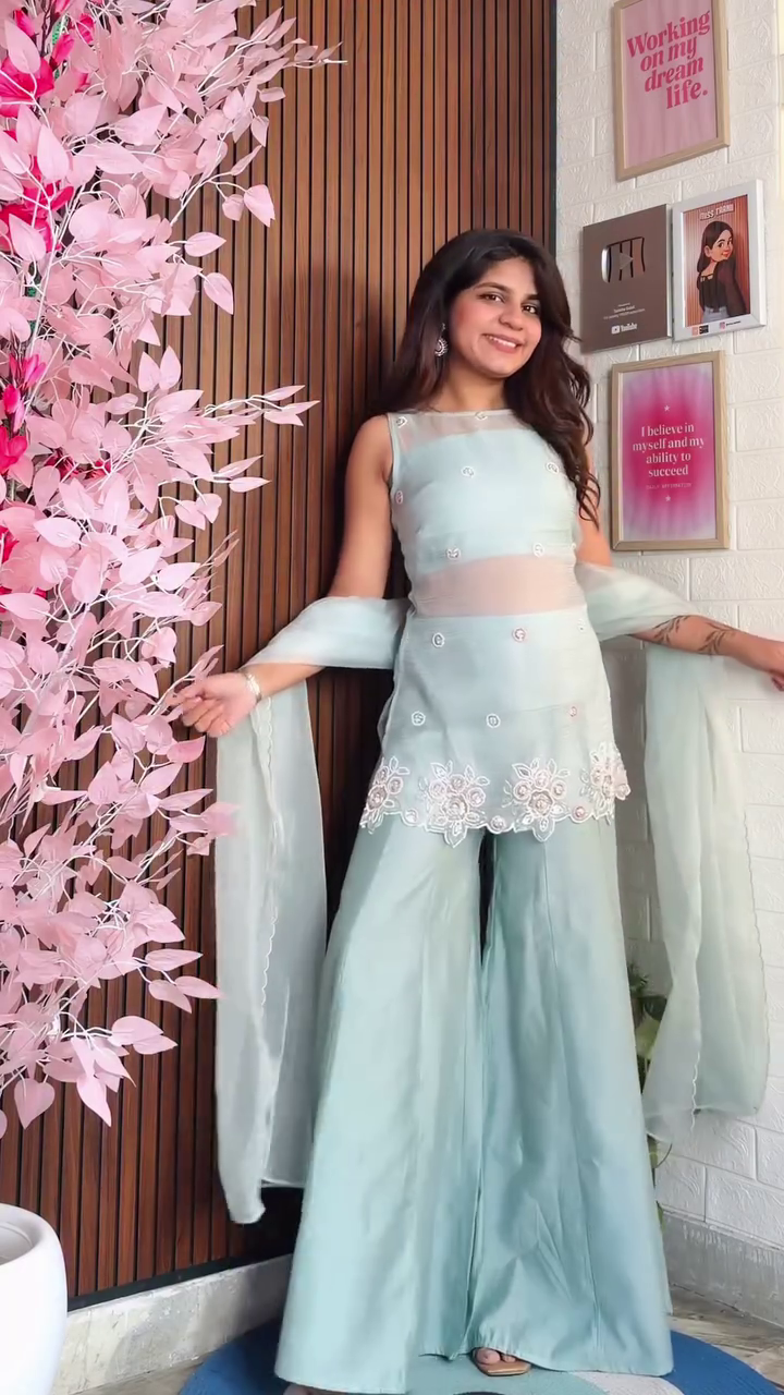 Women’s Dusty Pink Sharara Set with Embellished Kurti and Dupatta - Image 2