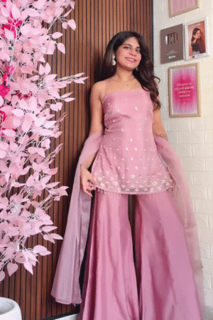 Women’s Dusty Pink Sharara Set with Embellished Kurti and Dupatta