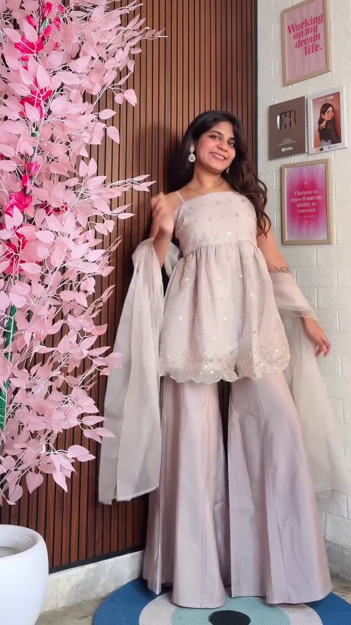 Women’s Dusty Pink Sharara Set with Embellished Kurti and Dupatta - Image 4