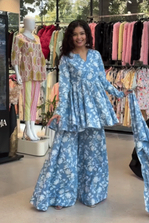 Blue Floral Peplum Kurti with Palazzo Set – Elegant Indo-Western Co-ord Outfit