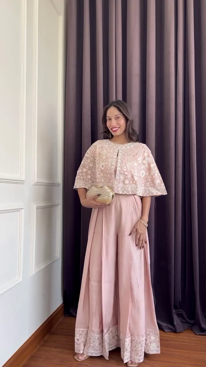 Blush Pink Embroidered Cape Set with Palazzo Pants – Elegant Festive Wear