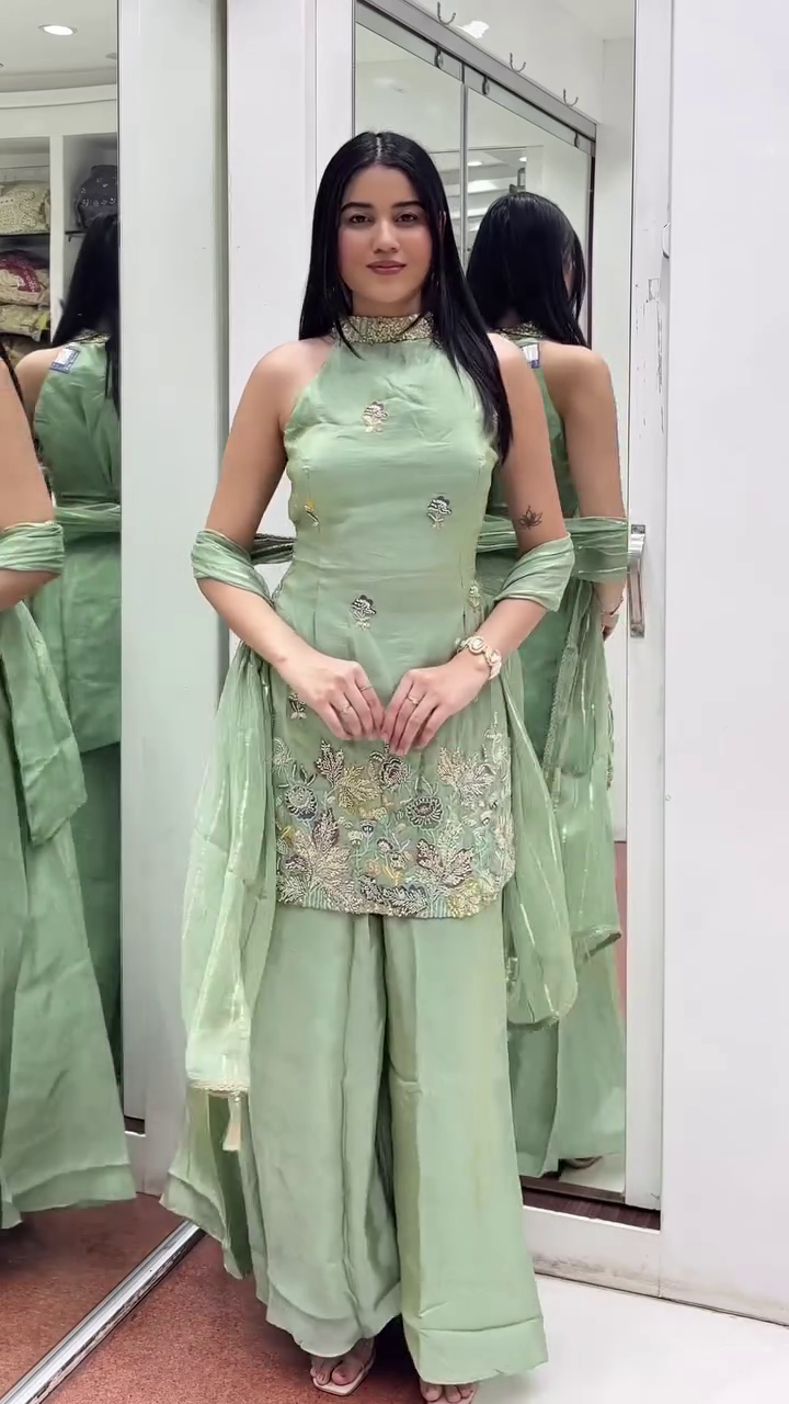 Mint Green Embroidered Halter Kurta Set with Palazzo Pants