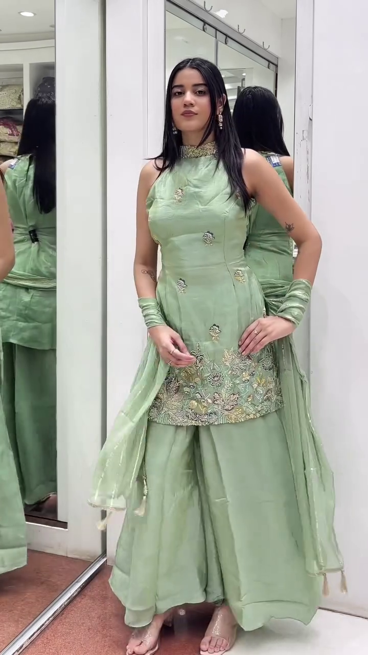 Mint Green Embroidered Halter Kurta Set with Palazzo Pants - Image 2