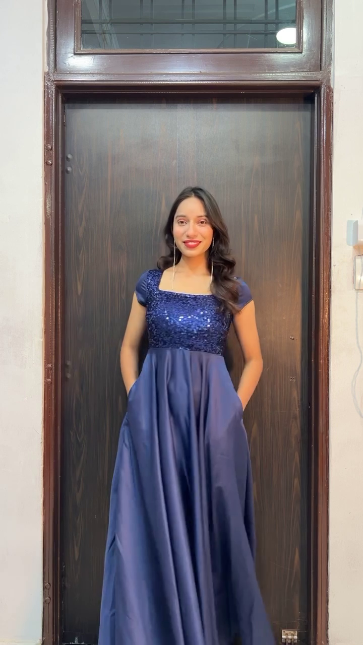 Navy Blue Sequin Bodice Evening Gown with Pockets