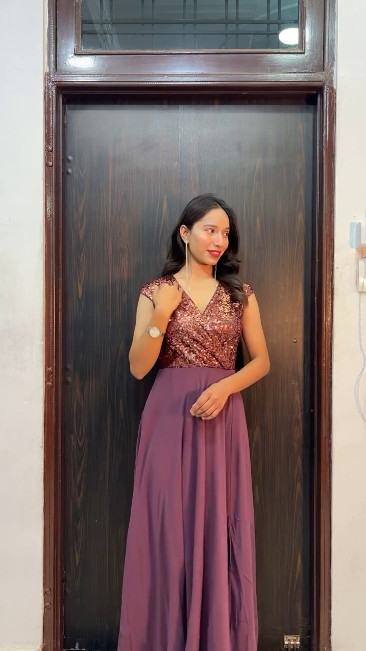 Navy Blue Sequin Bodice Evening Gown with Pockets - Image 3