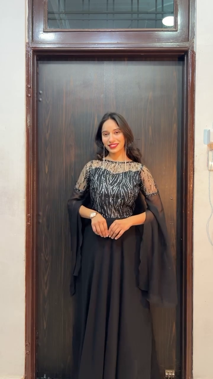 Navy Blue Sequin Bodice Evening Gown with Pockets - Image 4